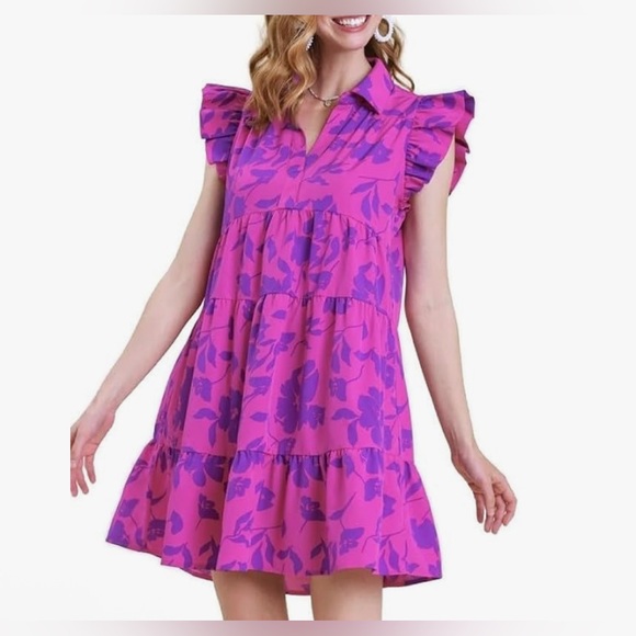 Umgee Striped Trim Floral Tiered Mini Dress
